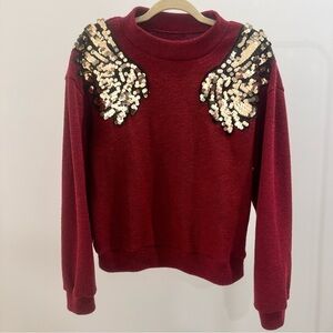 Mock Neck Deep Red Sweater with Sequin Wing Design